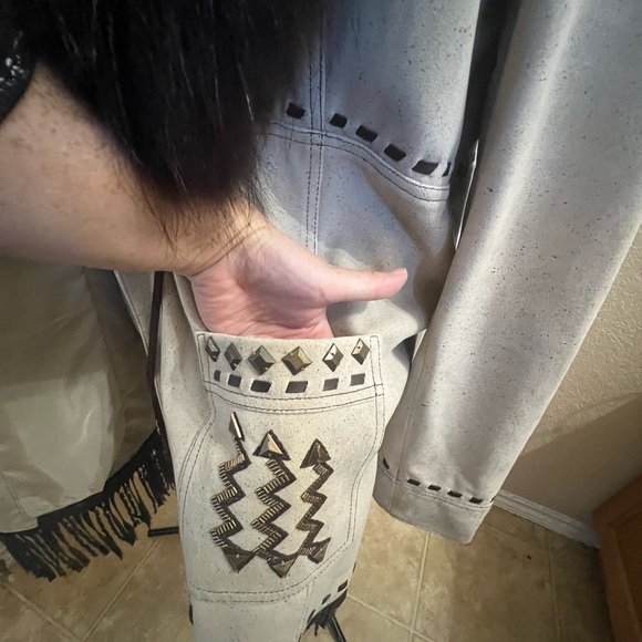 Double D Ranch Thunderbird Dance Jacket 2XL leather suede fur collar Plus size - Picture 14 of 17